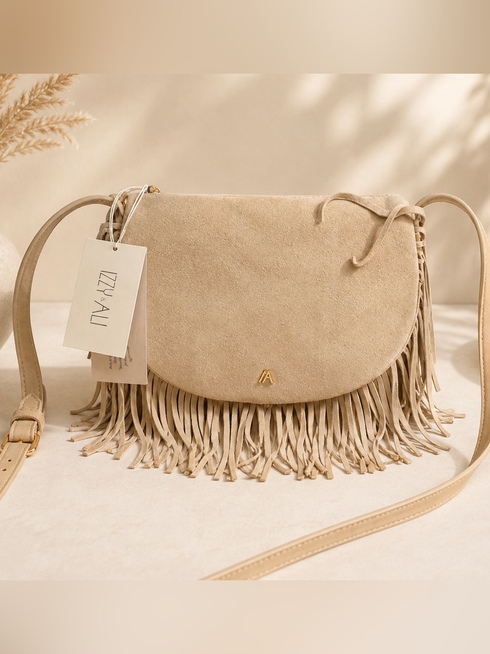 Liza Ali Beige Suede Fringe Crossbody Bag